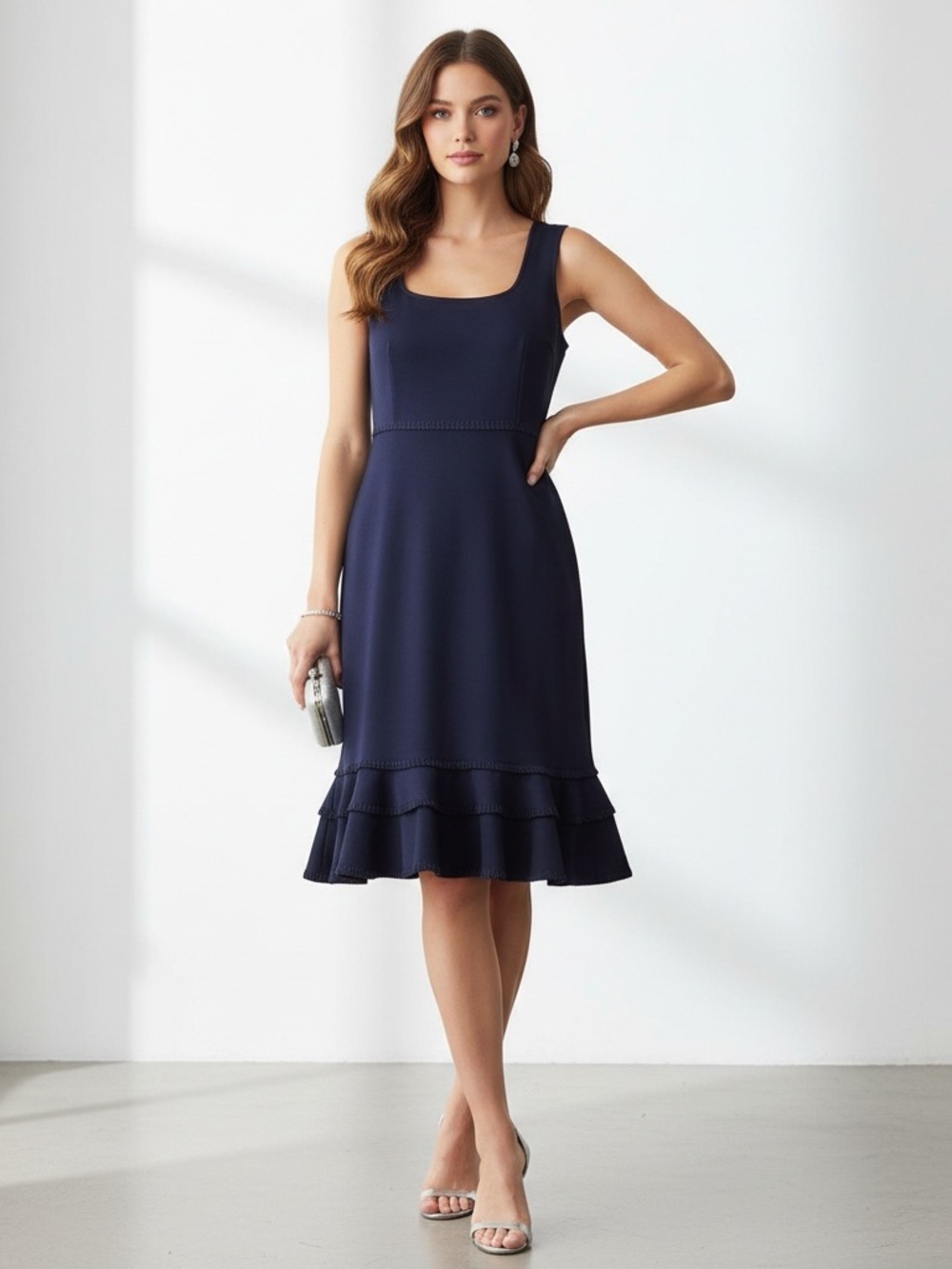 NWT Tash + Sophie Navy Blue Ruffle Hem Stretch Dress - Size L